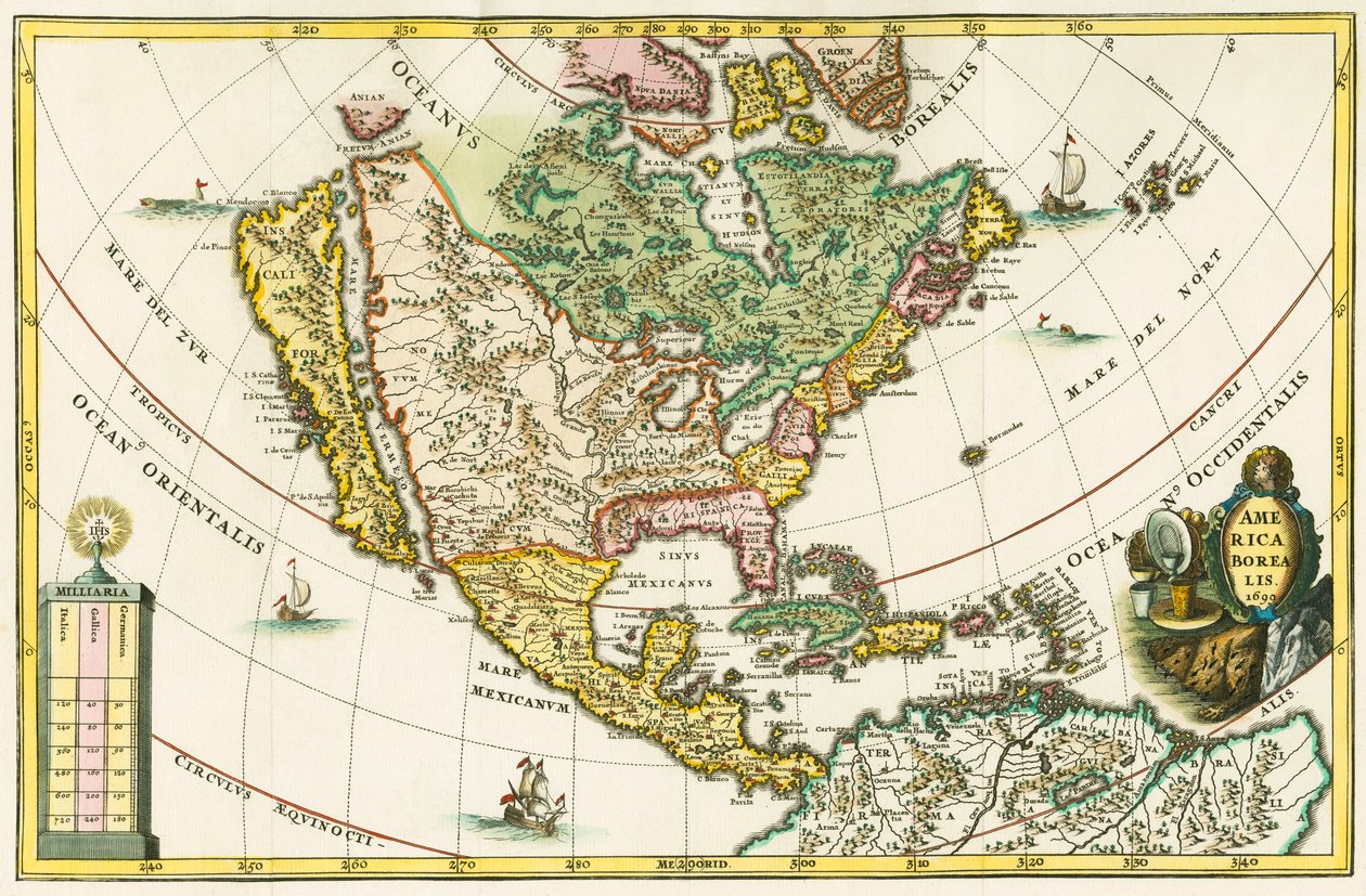 América boreal. Mapa de Norteamérica que muestra California como una isla, de Geographia hierarchica de Heinrich Scherer. de German School