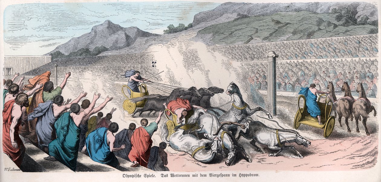 Historia Antigua. Grecia. Competiciones atléticas, carrera de cuadrigas en ... (grabado) de German School