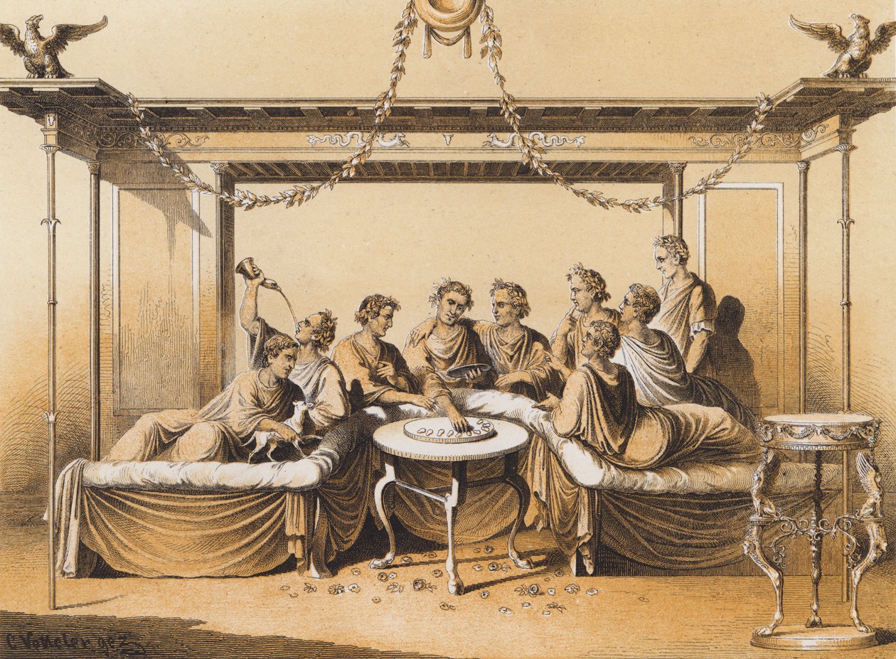 Antiguos romanos disfrutando de una comida (litografía en color) de German School