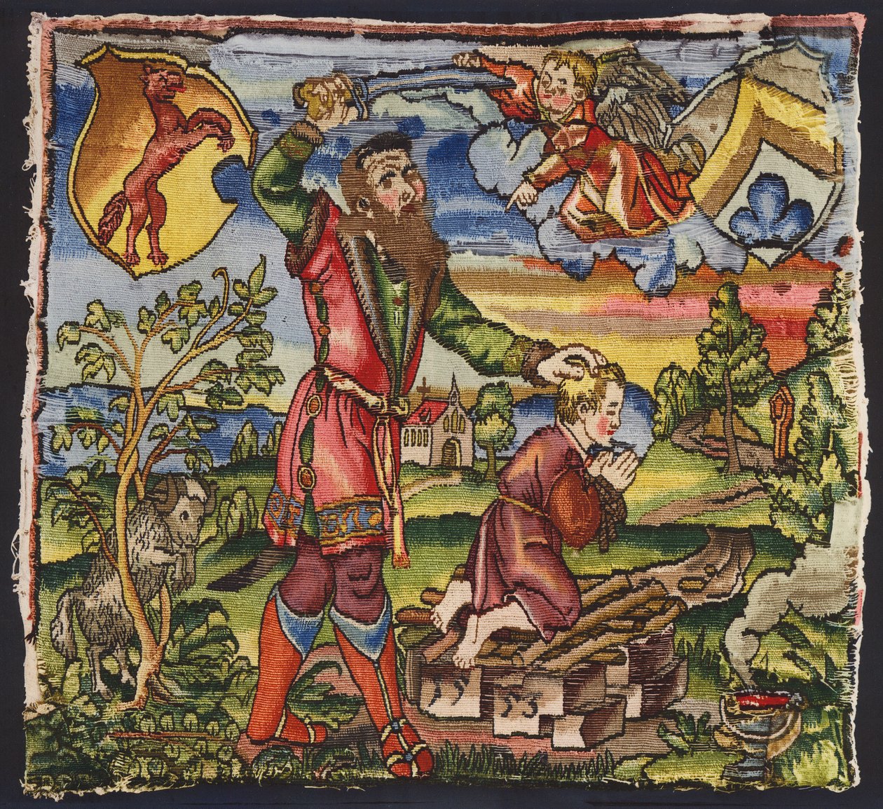 Intervención de un ángel para impedir que Abraham sacrifique a su hijo Isaac (litografía en color) de German School