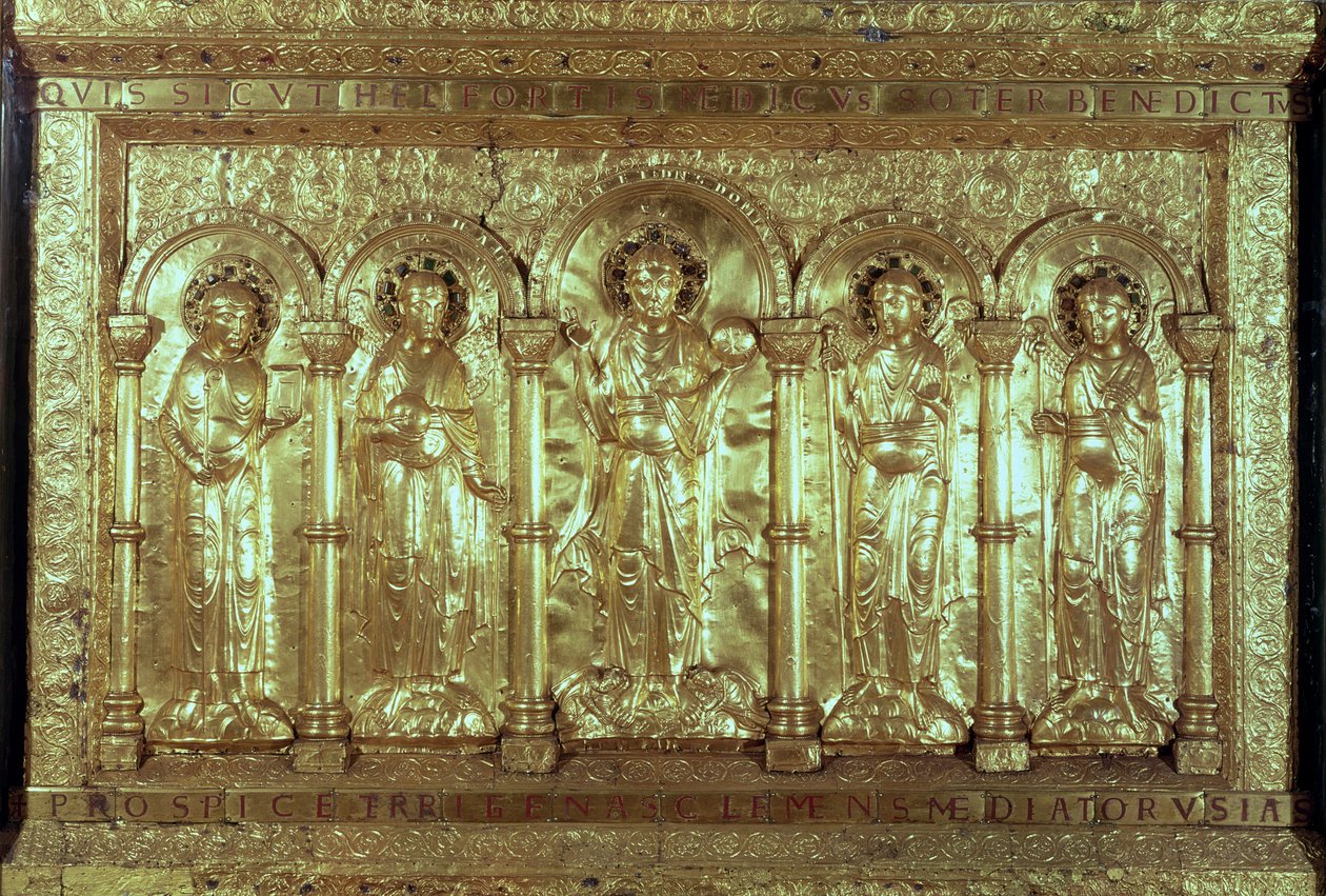 Frontal de altar que representa a Cristo con los donantes a sus pies entre los Arcángeles Gabriel, Rafael y Miguel y San Benito de German School