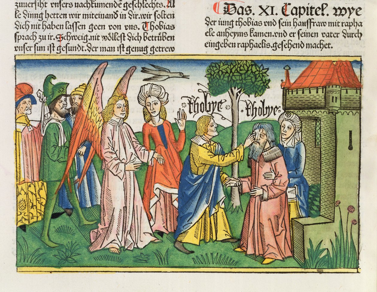 Apócrifos: Tobías restaura la vista de su padre Tobit con la hiel de un pez, de la Biblia de Núremberg (Biblia Sacra Germanaica) de German School