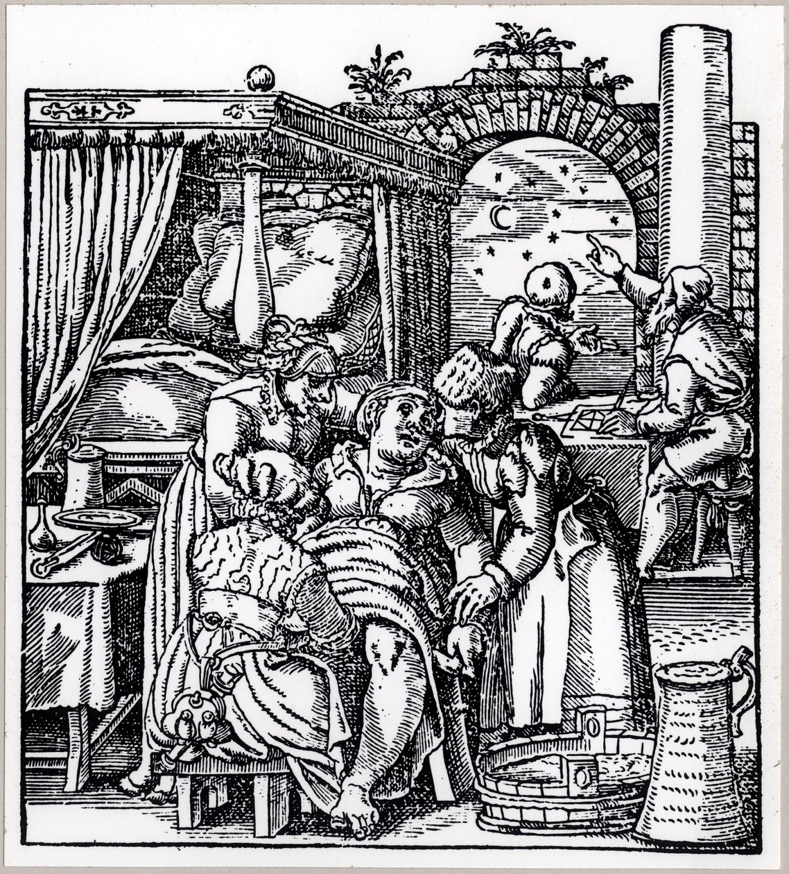 Astrólogos haciendo un horóscopo para el niño que nace de una mujer en una silla de parto, de De Conceptu et Generatione Hominis por Jacob Rueff, publicado en Frankfurt, 1587 de German School