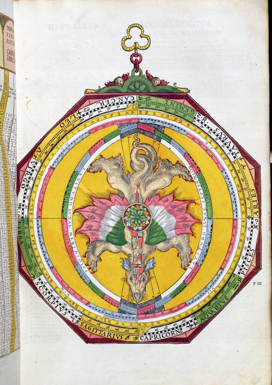 Volvelleor con el zodiaco, ilustración de Astronomicum Caesareum por Peter Apian (Bennewitz) (1495-1552) pub. en Ingolstadt, 1540 de German School