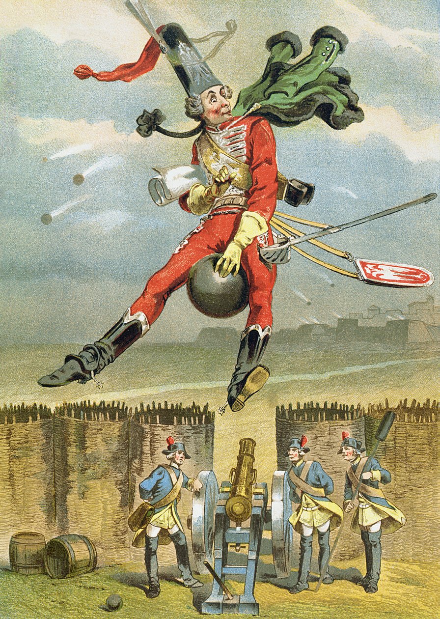 El barón Munchausen volando sobre las líneas enemigas en una bala de cañón, ilustración de una edición alemana de Las aventuras del barón Munchausen de German School