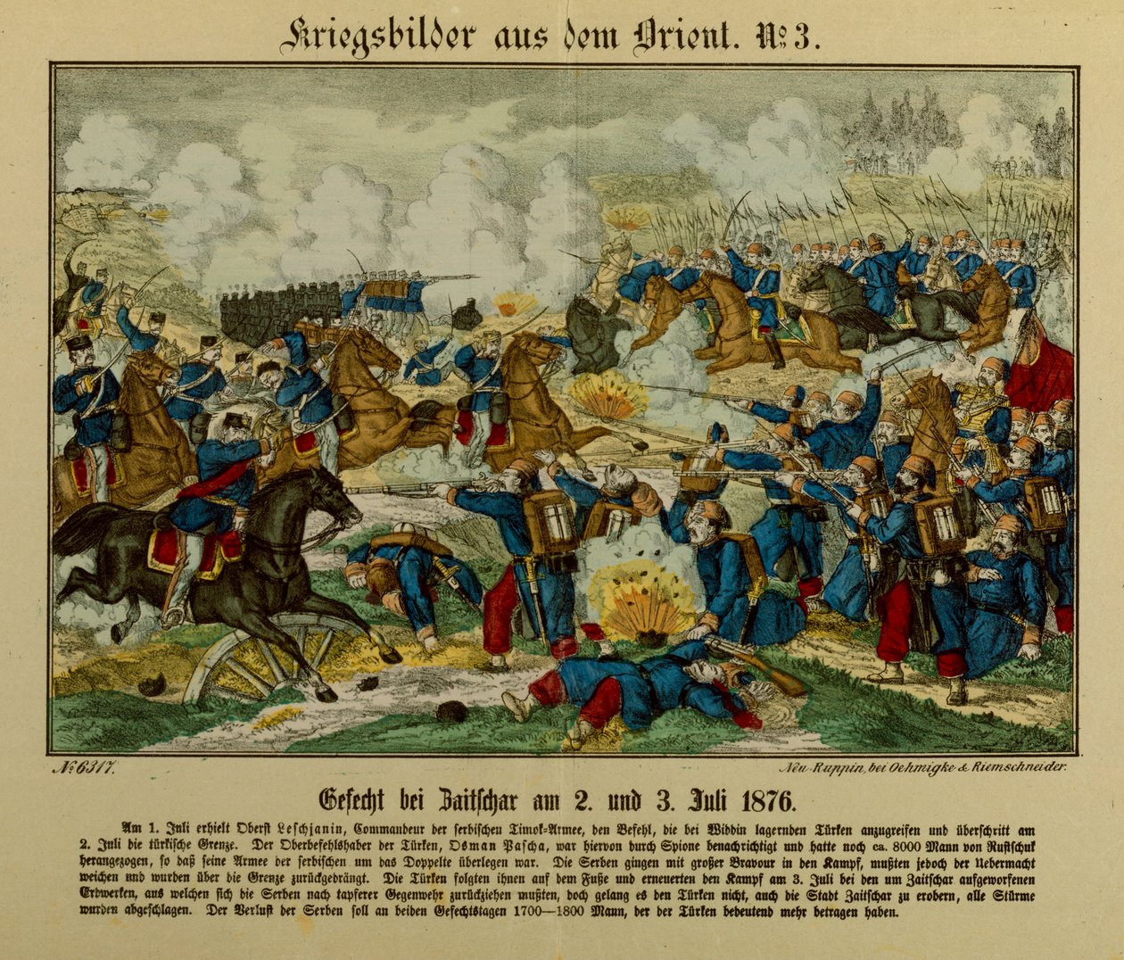 Batalla en Zajecar, 2-3 de julio de 1876, durante la Primera Guerra Serbo-Otomana (1876-77), Neuruppiner Bilderbogen, 1876 de German School