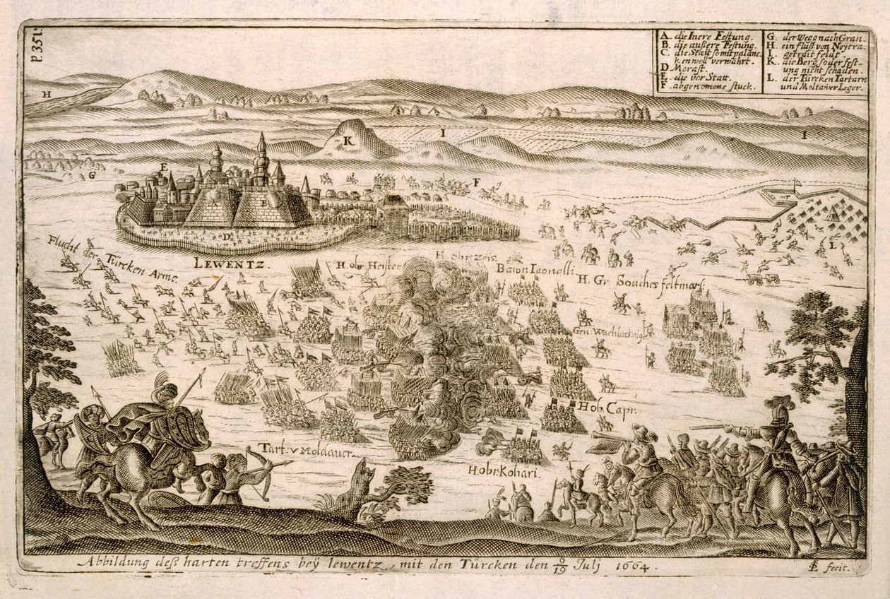 Batalla cerca de la Ciudad de Levice en 1664, ilustración de un libro sobre las campañas otomanas en Europa, grabado por Paul Furst de German School