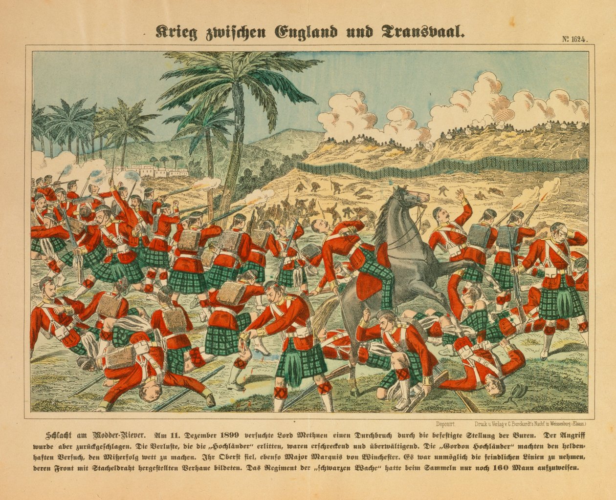 Batalla del río Modder en la Guerra de los Bóers, 11 de diciembre de 1899, hoja publicada por C. Burckhardt, Weissenburg, 1899 de German School