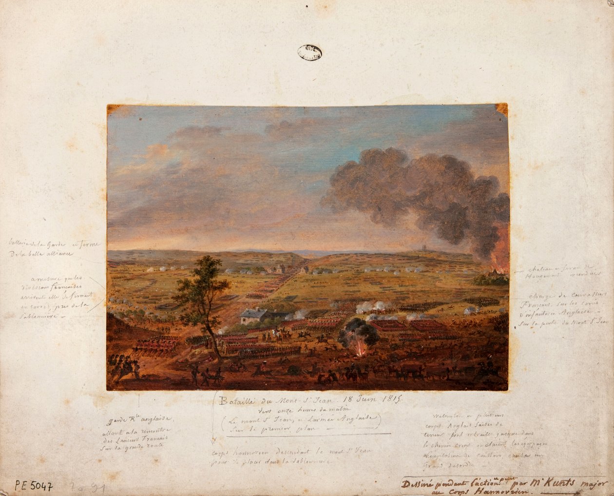 Batalla de Mont-Saint-Jean, dibujada y pintada durante la acción por el Mayor Kunts de la unidad hanoveriana, 18 de junio de 1815 (lápiz y gouache sobre cartón) de German School