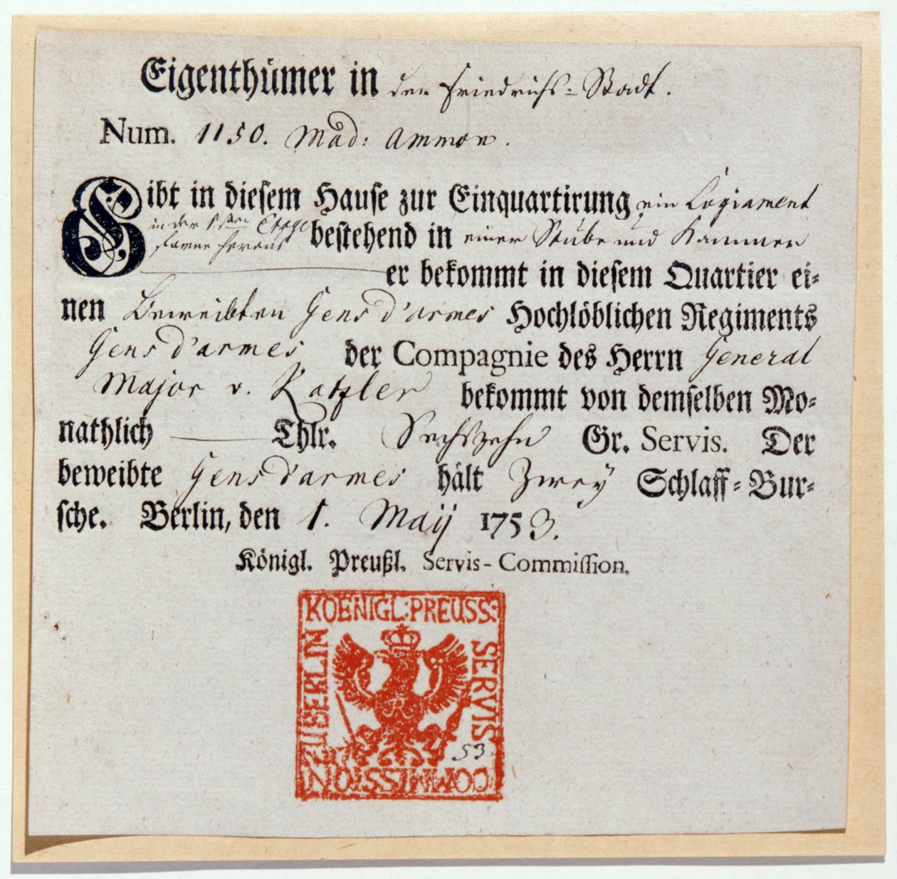 Vale de alojamiento, 1759 de German School