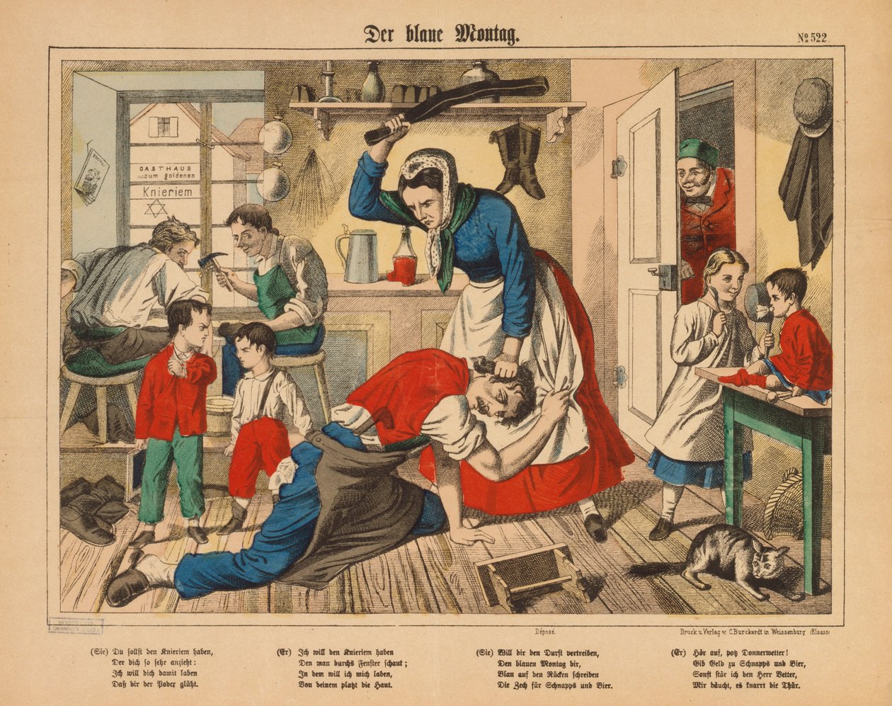 Lunes azul - la esposa de un zapatero golpeando a su marido, hoja publicada por C. Burckhardt, Weissenburg, c.1850 de German School