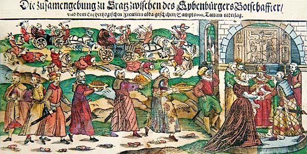 Relato de periódico y ilustraciones del matrimonio por poder en marzo de 1595 de la archiduquesa María Cristina de Austria con el embajador de Sigismund Báthory, Príncipe de Siebenbürgen (Transilvania) y de la Batalla de Călugăreni en agosto de 1595 de German School