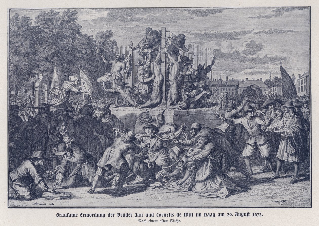Brutal asesinato de los hermanos Jan y Cornelis de Witt por una turba orangista, La Haya, Países Bajos, 20 de agosto de 1672 (litografía) de German School