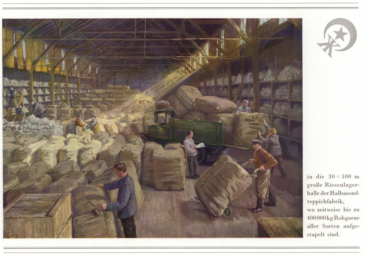 Actividad de los fabricantes de alfombras Halbmond-Teppichfabrik Von Koch Und Te Kock (litografía en color) de German School