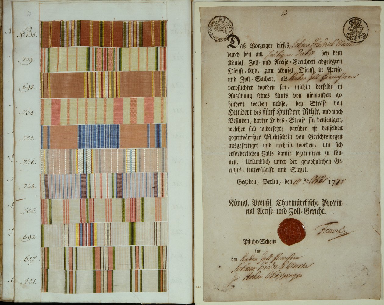 Cintas de campaña y registro de servicio de un soldado en el Ejército Real Prusiano, 1778 de German School