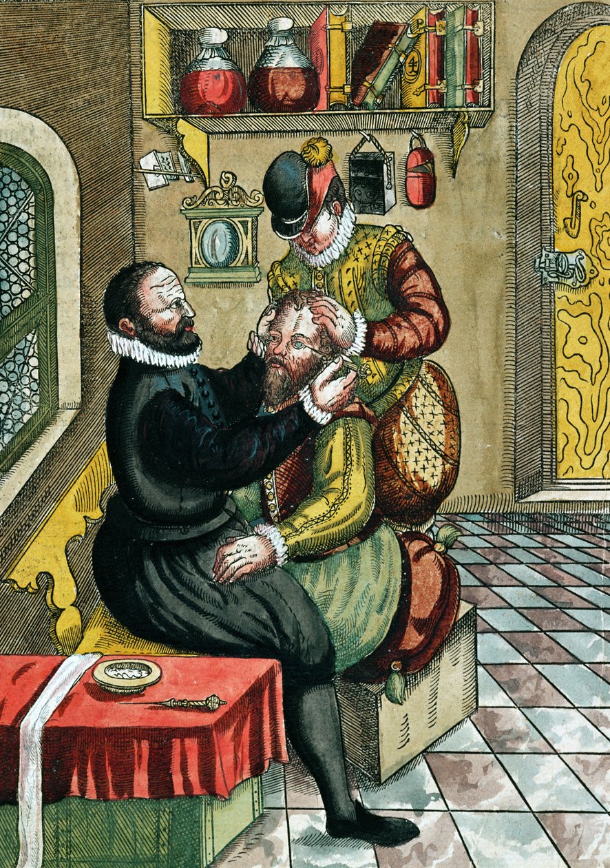 Operación de Cataratas, de Ophthalmodouleia por Georg Bartisch (1535-1636) publicado en Dresde en 1583 (xilografía en color) de German School