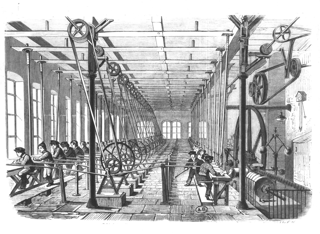 Niños trabajadores en la fábrica de papel en Aschaffenburg, Alemania, 1858 de German School