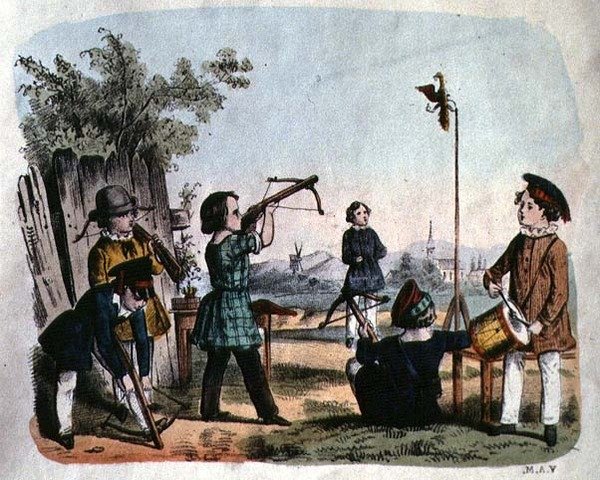 Niños disparando a un blanco con una arcabuz, c.1860 de German School