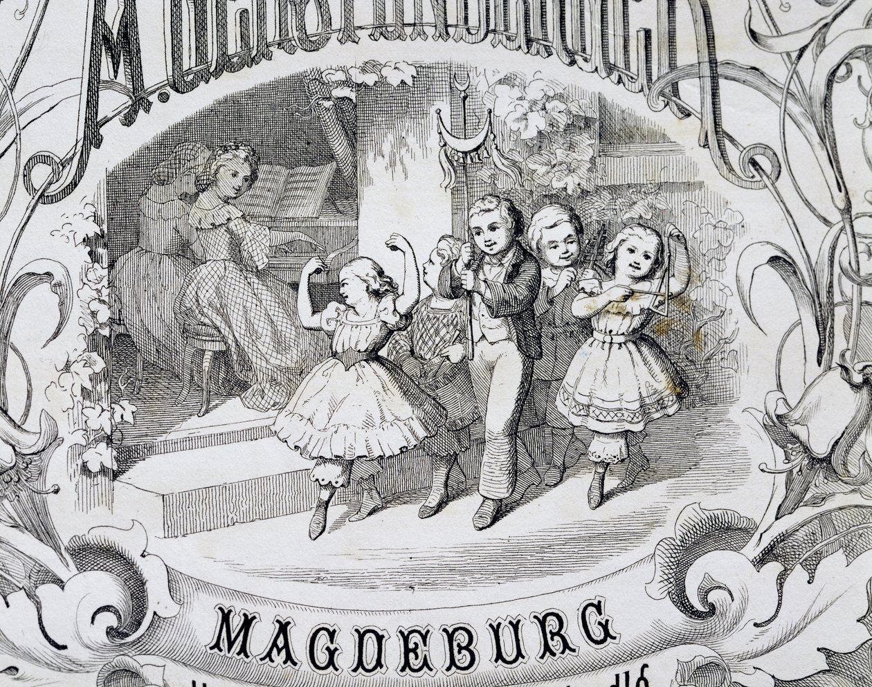 Escena de danza infantil, detalle de la portada de la colección de música y danzas para niños publicada en Magdeburg. Alemania de German School