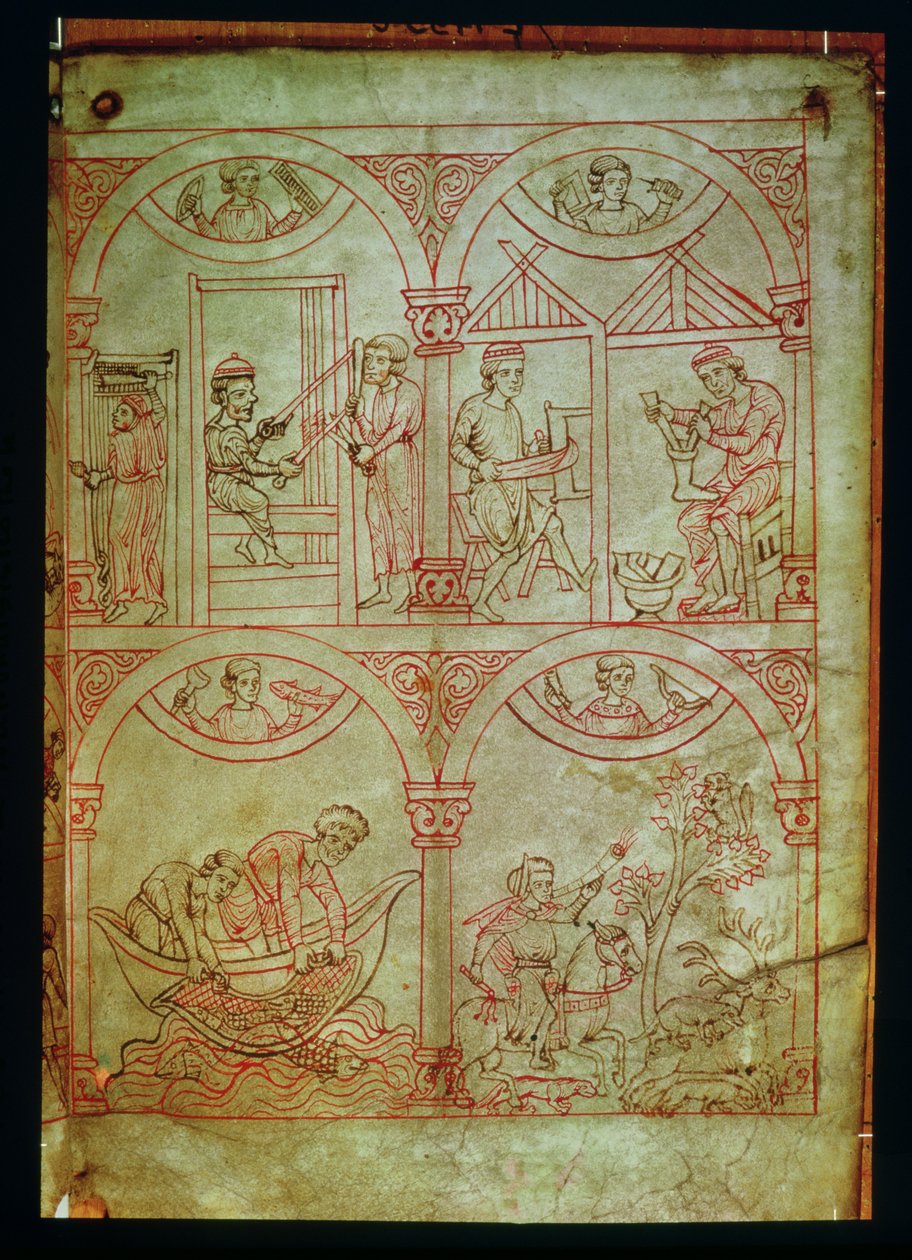 Codex 507 fol.2r Tejedor, Zapatero, Pescadores y Cazador, del Renner Musterbuch, c.1208-18 de German School