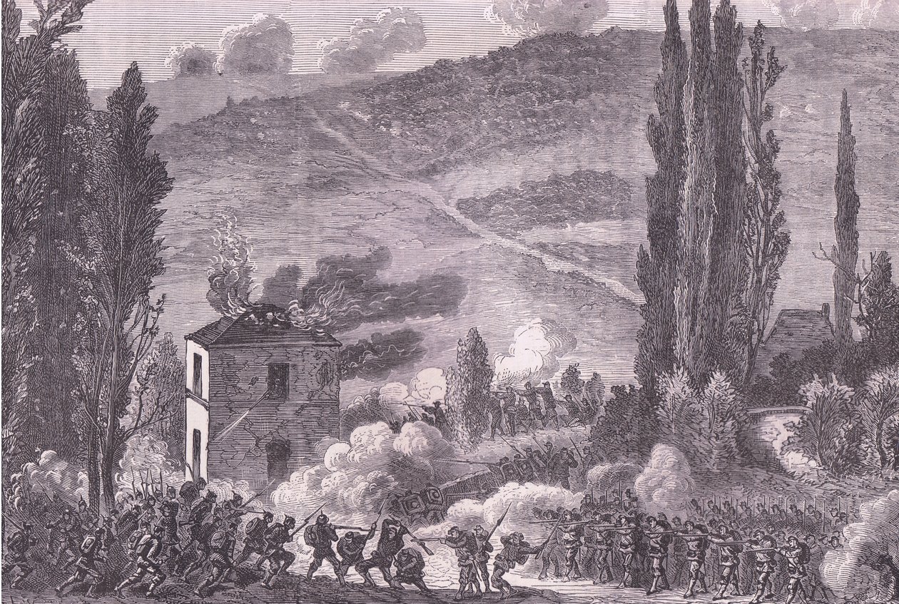 Combate en Chatillon, Historia de la Guerra entre Francia y Alemania de Cassell, publicada por Cassell and Company Limited, c.1890 (litografía) de German School