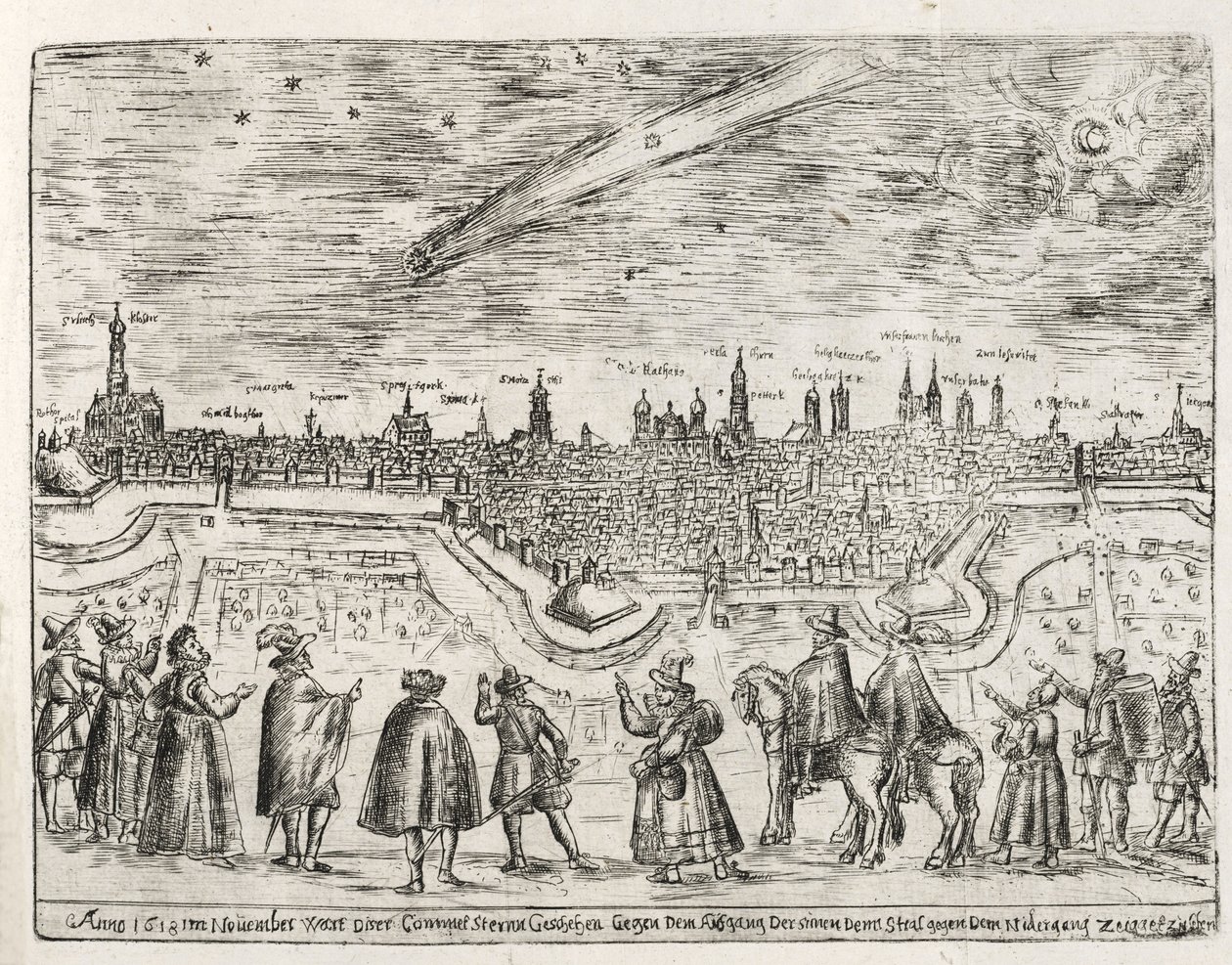 Cometa visto sobre Augsburgo a finales de noviembre de 1618, de Cometen Historia, pub. 1618 de German School