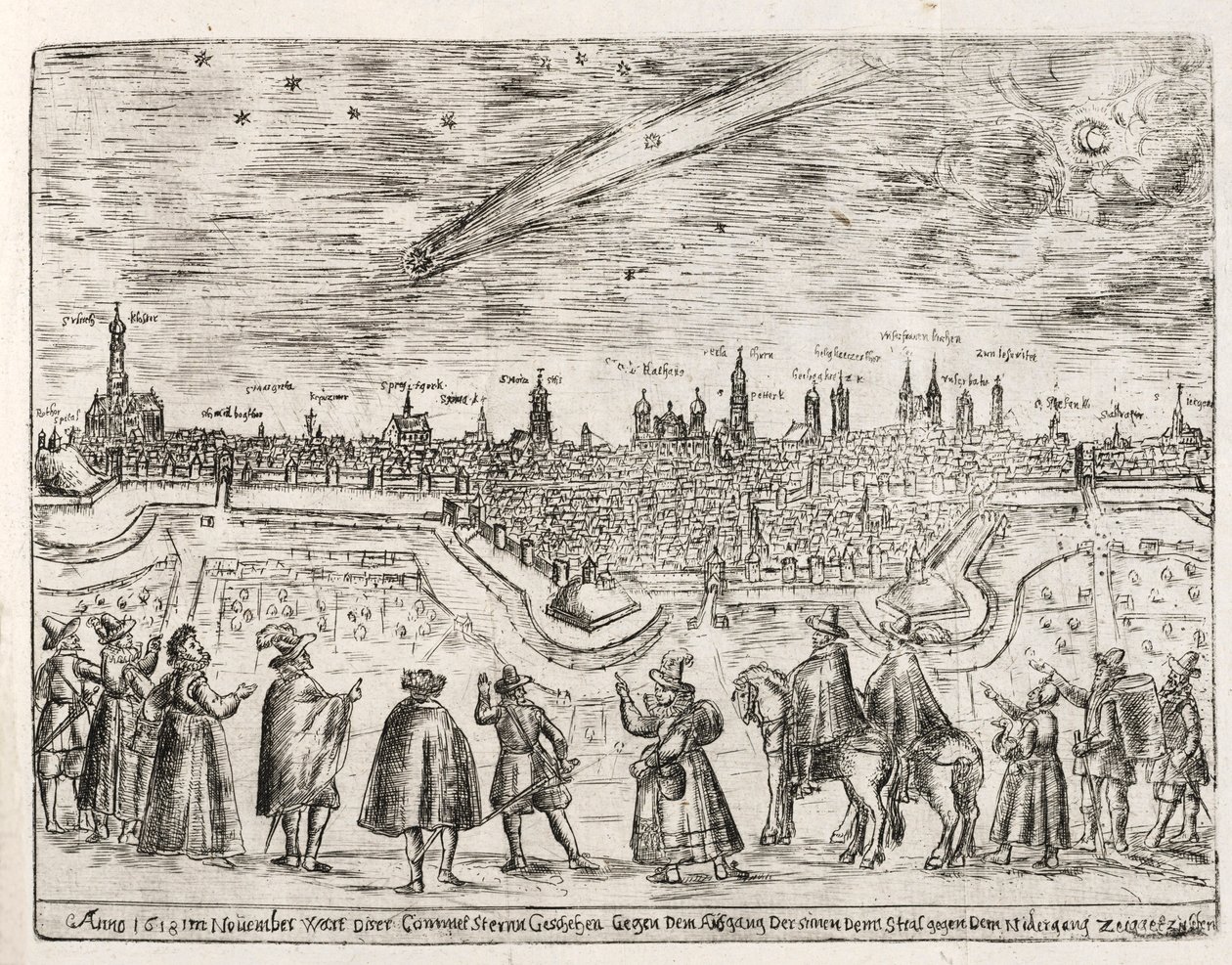 Cometa visto sobre Augsburgo a finales de noviembre de 1618, pub. 1618 de German School
