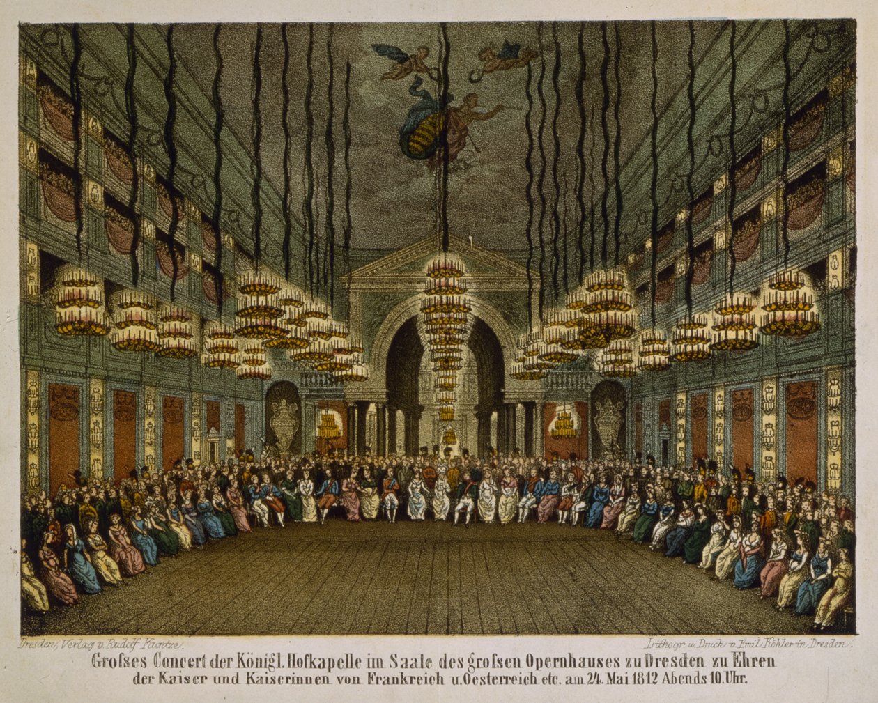 Concierto de la banda real en el auditorio de la Ópera de Dresde en honor de la pareja imperial, 1812 (litografía a color) de German School