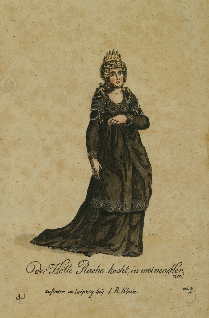 Diseño de vestuario para el papel de la Reina de la Noche en la ópera La Flauta Mágica de Wolfgang Amadeus Mozart, publicada en Leipzig por I. B. Klein, 1793 de German School
