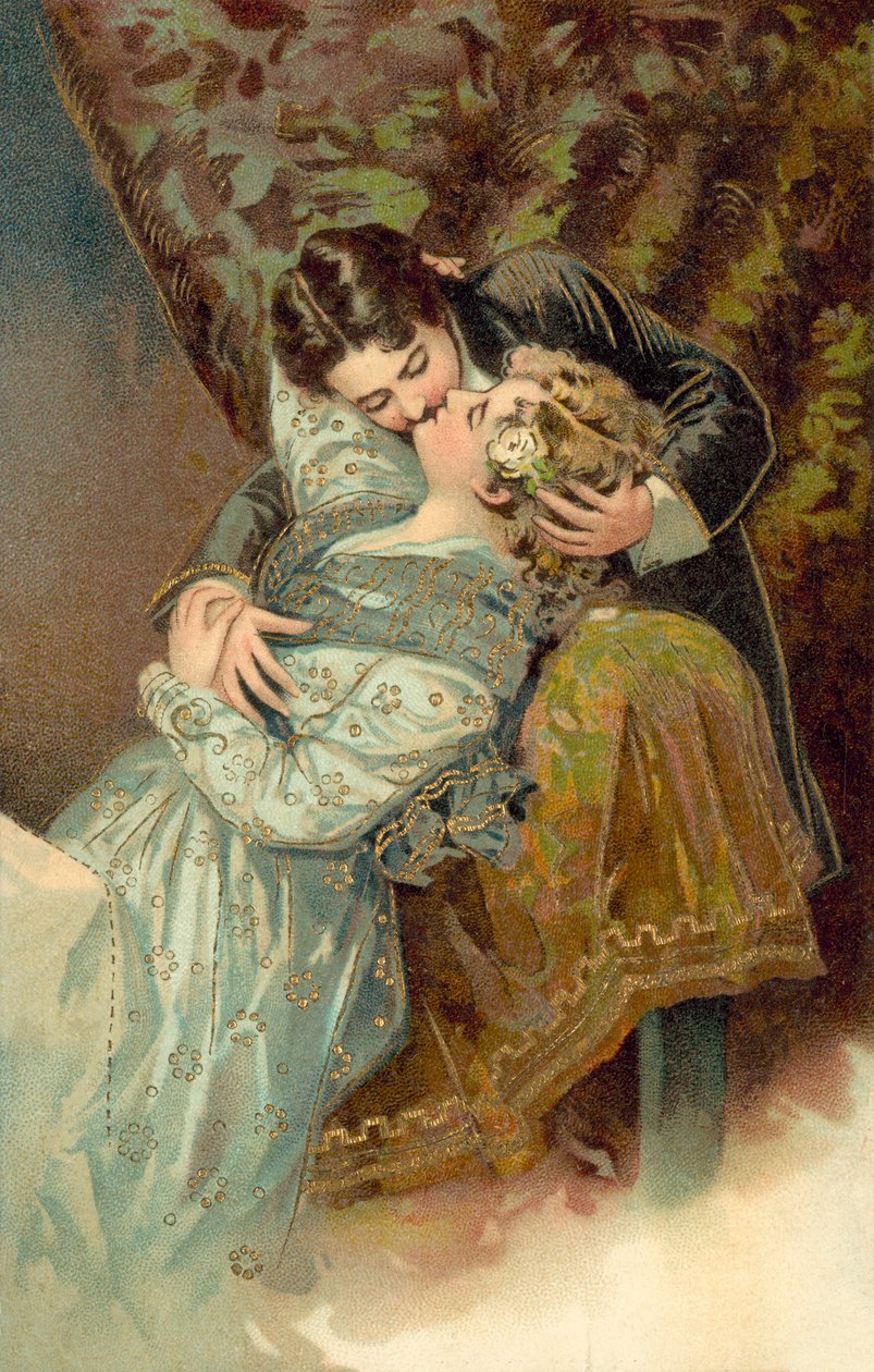 Pareja besándose (litografía en color) de German School