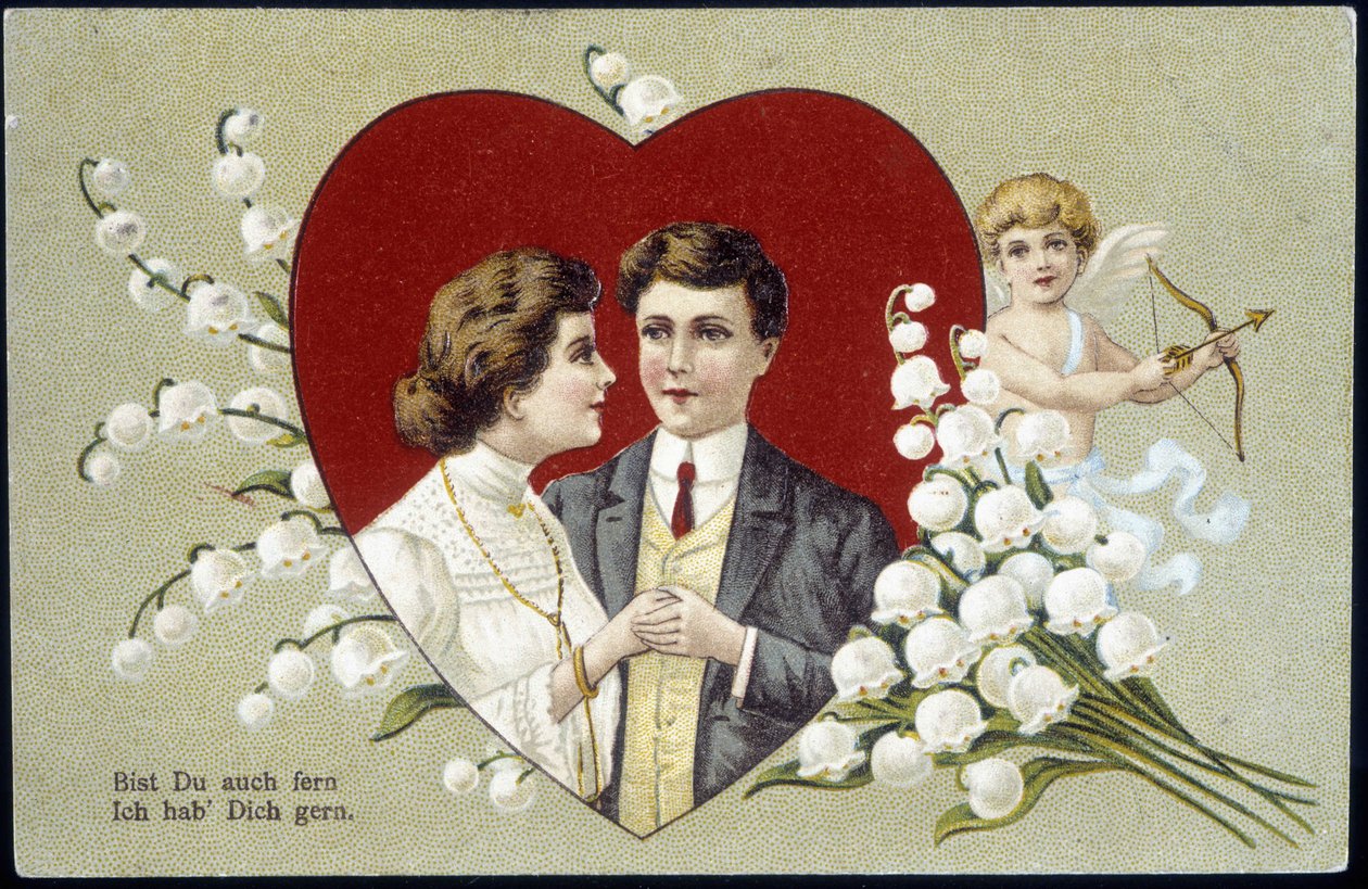 Pareja de amantes en un corazón rodeado de lirios del valle y Cupido (Eros) - postal alemana, siglo XX de German School
