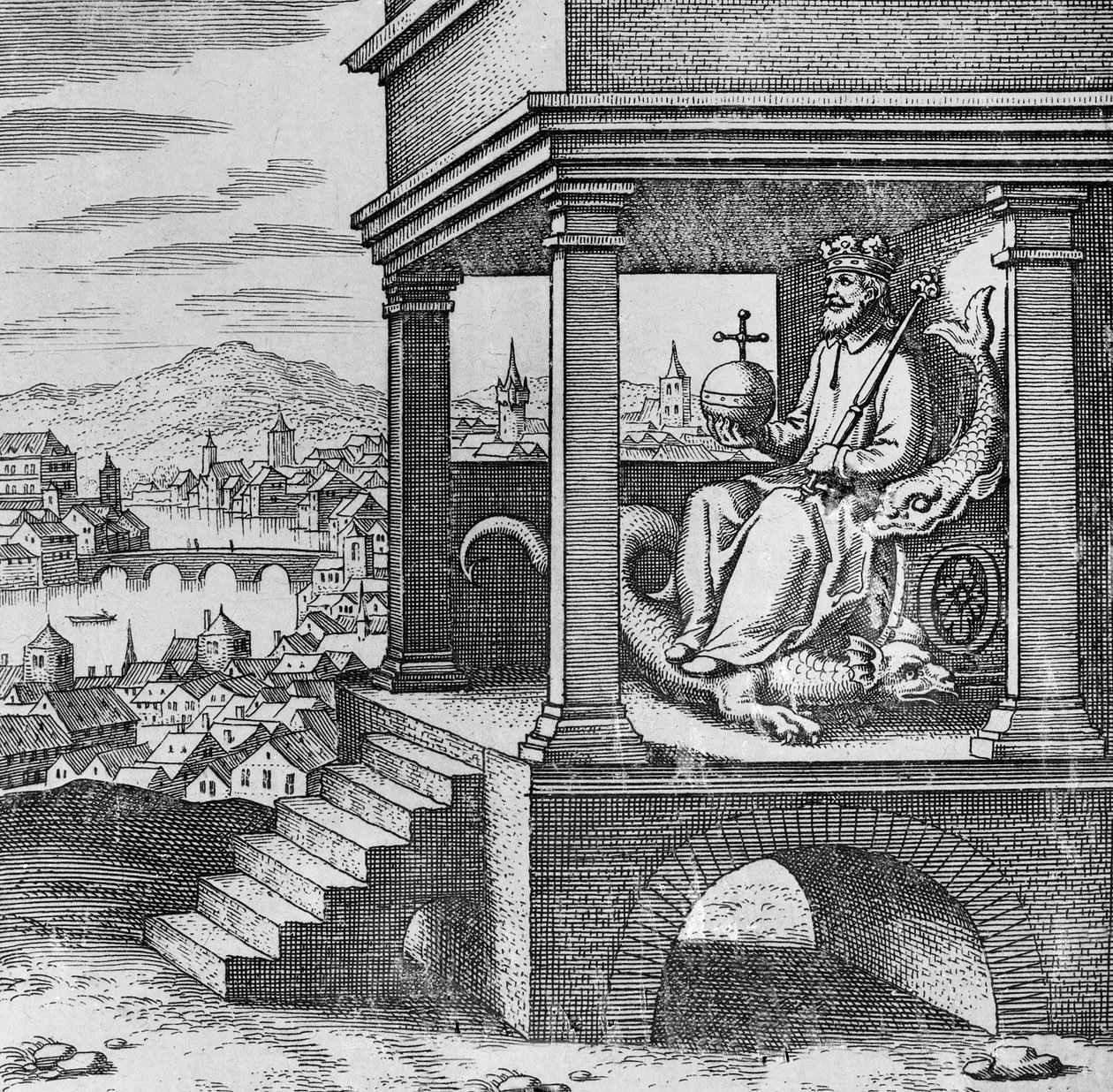 Rey coronado en el trono del Musaeum Hermeticum de German School