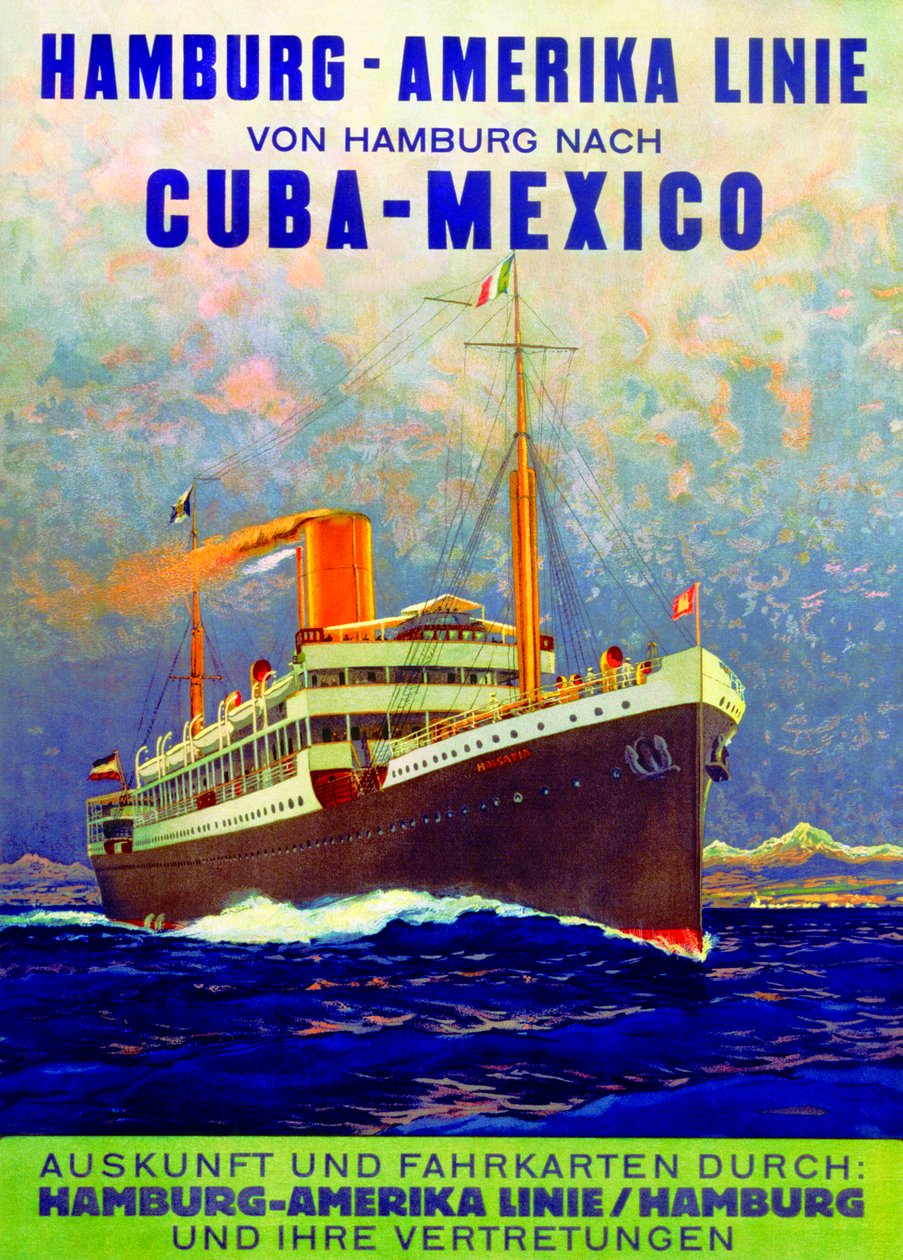 Cuba - México, póster publicitario de la Línea Americana de Hamburgo, 1899 de German School