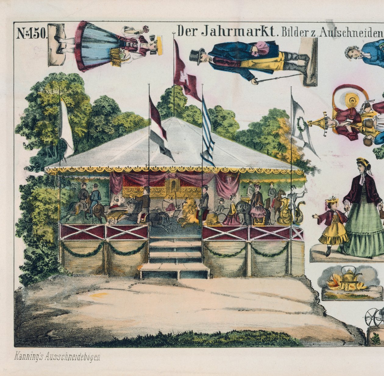 Hoja recortable con un carrusel de feria, publicada por Kanning, 1860 de German School
