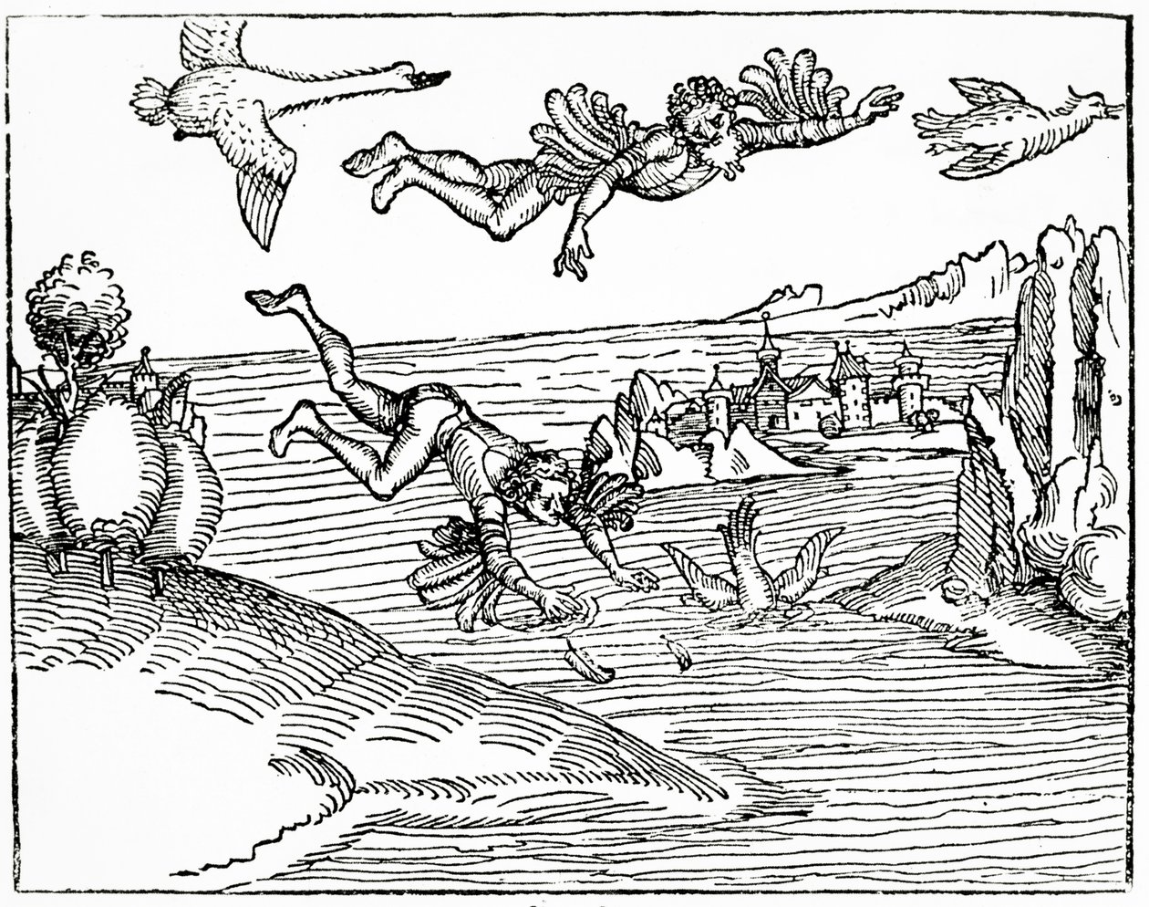 Dédalo, escapando de Creta con su hijo Ícaro, lo ve caer hacia su muerte, 1493 de German School