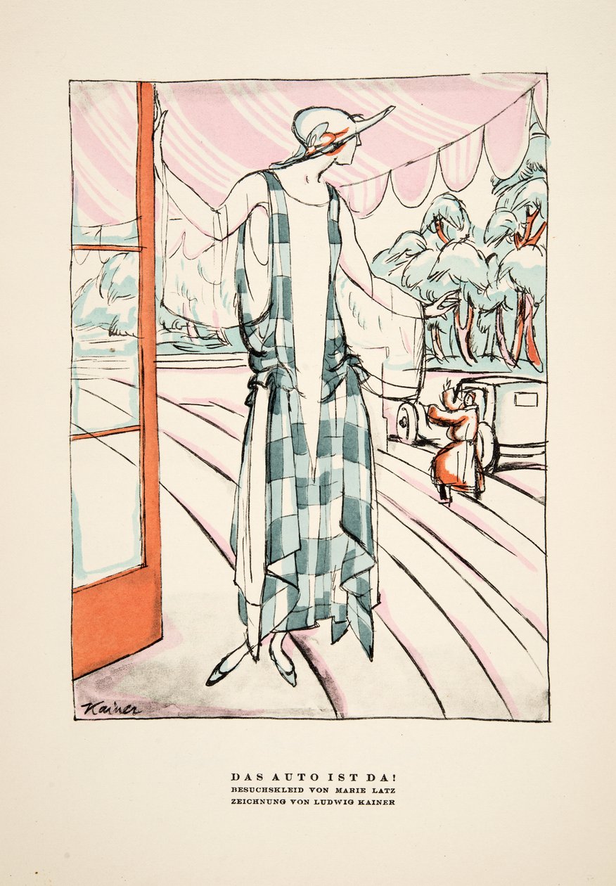 "Das Auto Ist Da!", anuncio de vestido de Marie Latz, de Styl, pub.1922 (impresión en pochoir) de German School