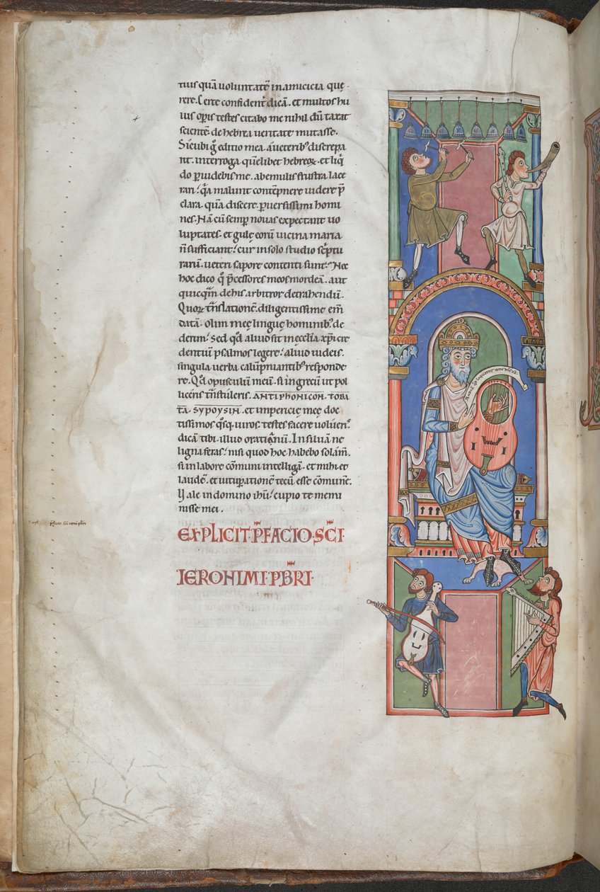 David como arpista en el prefacio de los Salmos, "Biblia de Worms", Harley 2804 f.3v, 2º-3º cuarto del siglo XII (tinta y color sobre pergamino) de German School