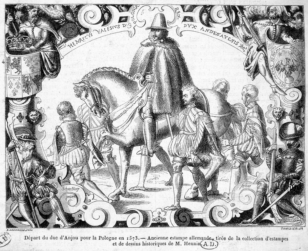 Partida del Duque de Anjou hacia Polonia en 1573 (elegido rey de Polonia, tomará posesión de su corona) - Una antigua impresión alemana de la colección de impresiones y dibujos históricos del Sr. Hennin de German School