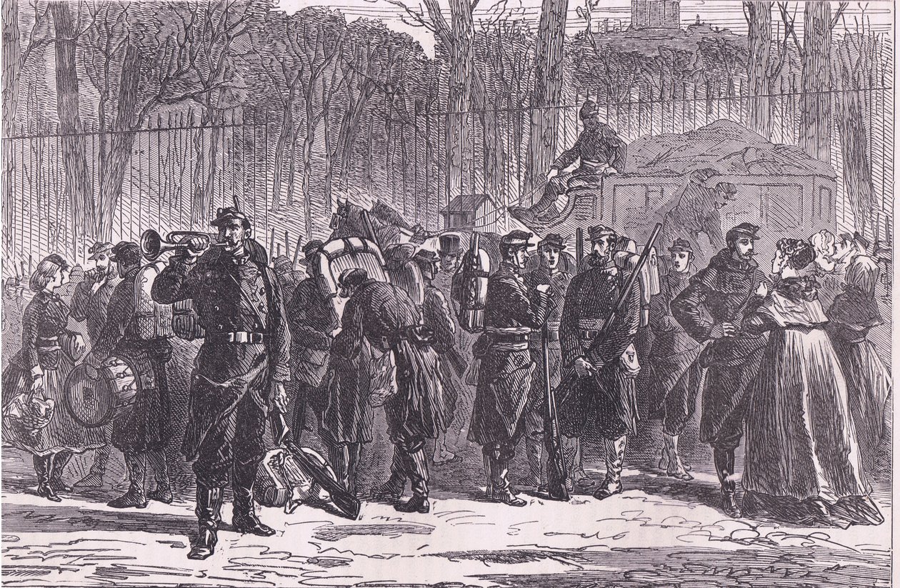 Salida del Décimo Regimiento de la Guardia Nacional a puestos avanzados, Historia de la guerra entre Francia y Alemania de Cassell, publicada por Cassell and Company Limited, c.1890 de German School