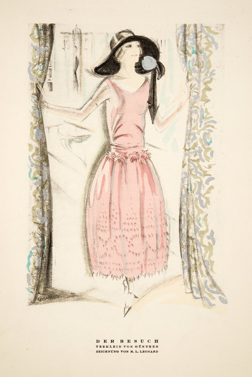 Der Besuch", Vestido de té de Gunther, de Styl, pub.1922 (impresión pochoir) de German School
