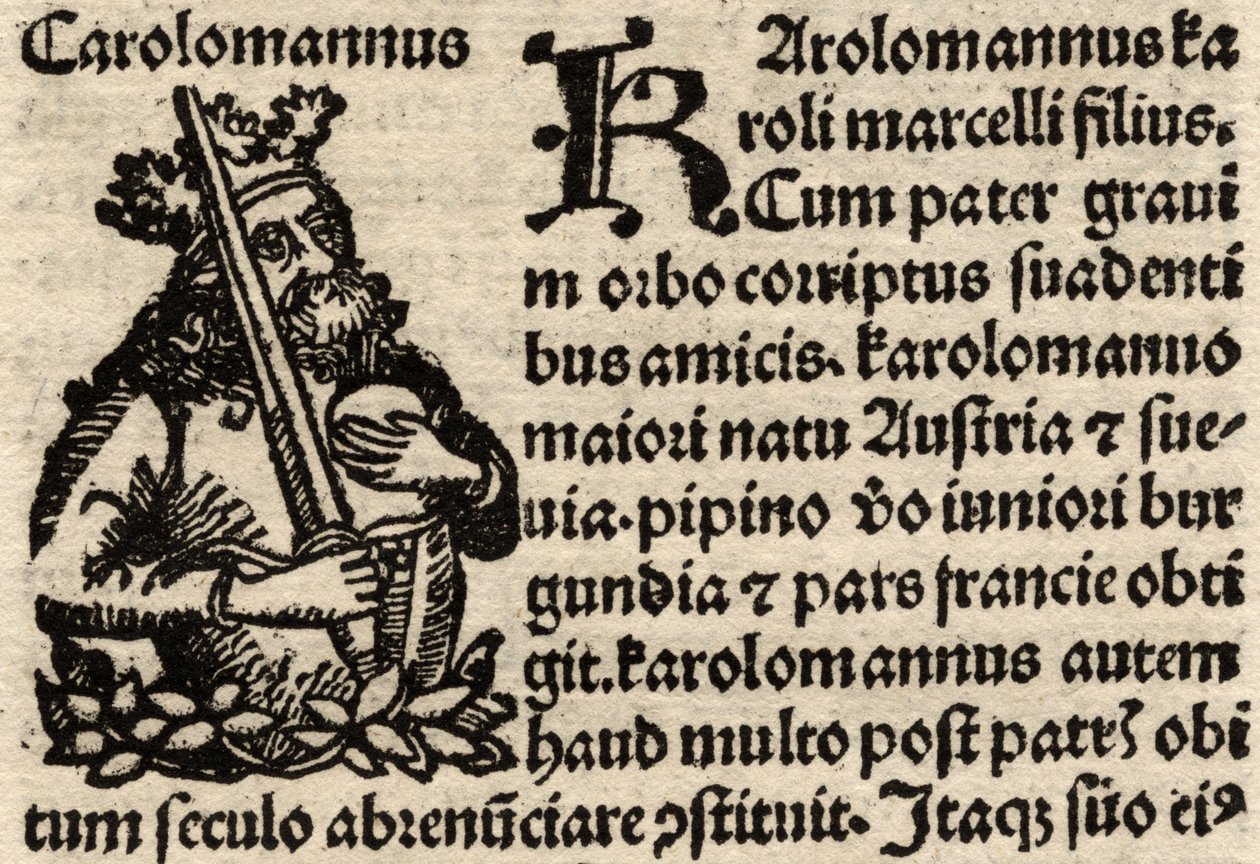 (detalle) de una hoja incunable original, representando a Carlomagno, antes de 1500 de German School