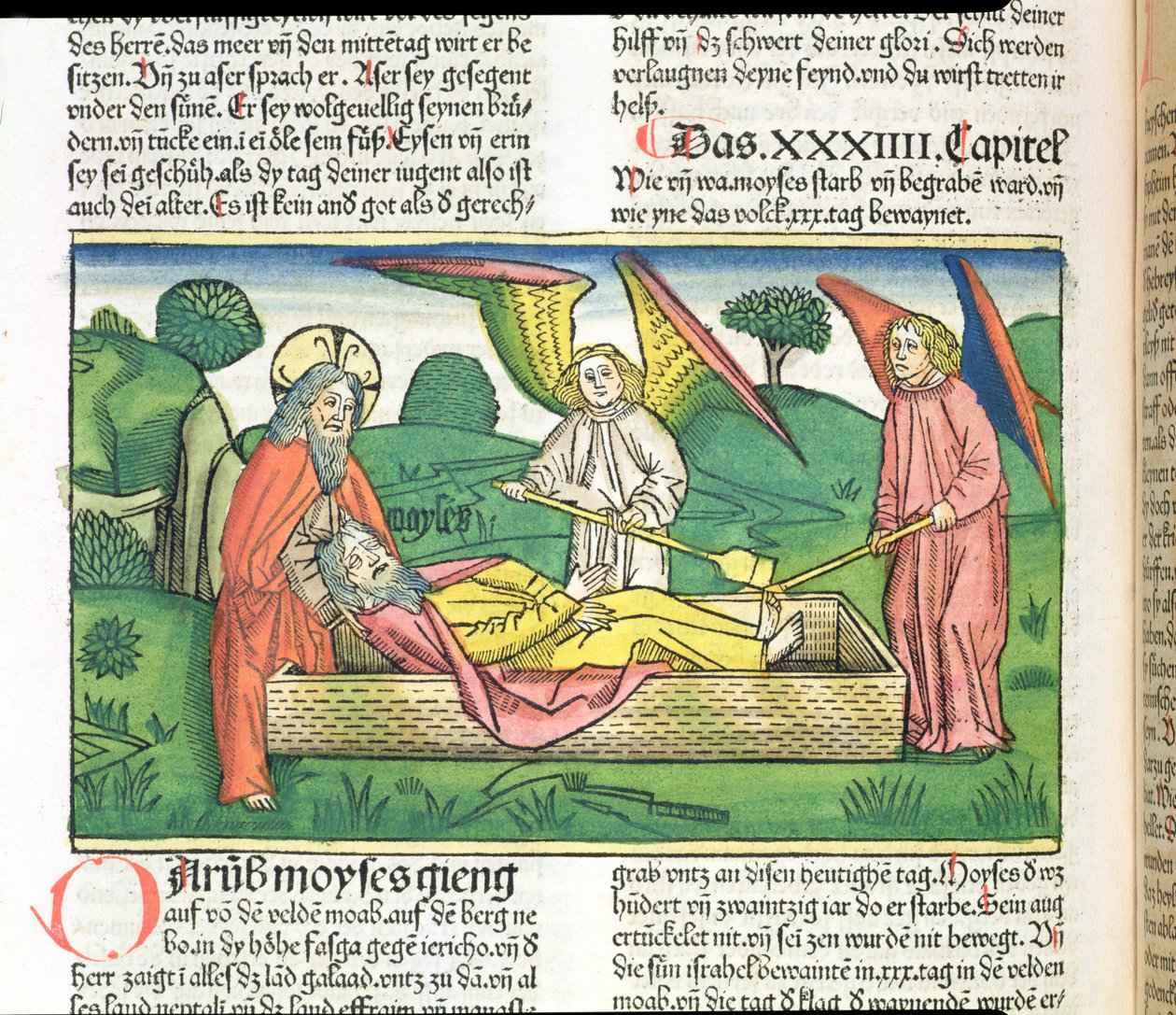 Deuteronomio 34 Muerte de Moisés, de la Biblia de Núremberg (Biblia Sacra Germanaica) de German School