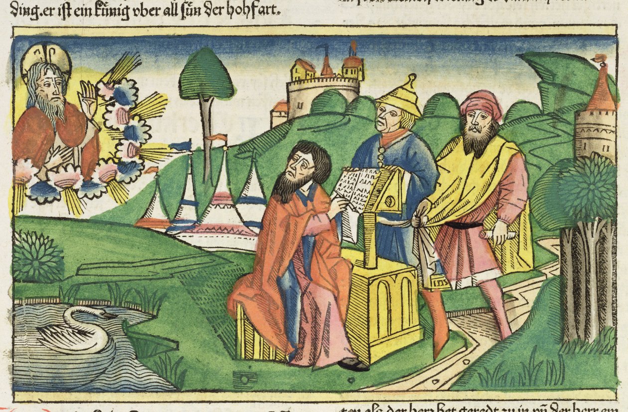 Deuteronomio: Frontispicio en el que Dios hace las Leyes, de la Biblia de Núremberg (Biblia Sacra Germanaica) de German School