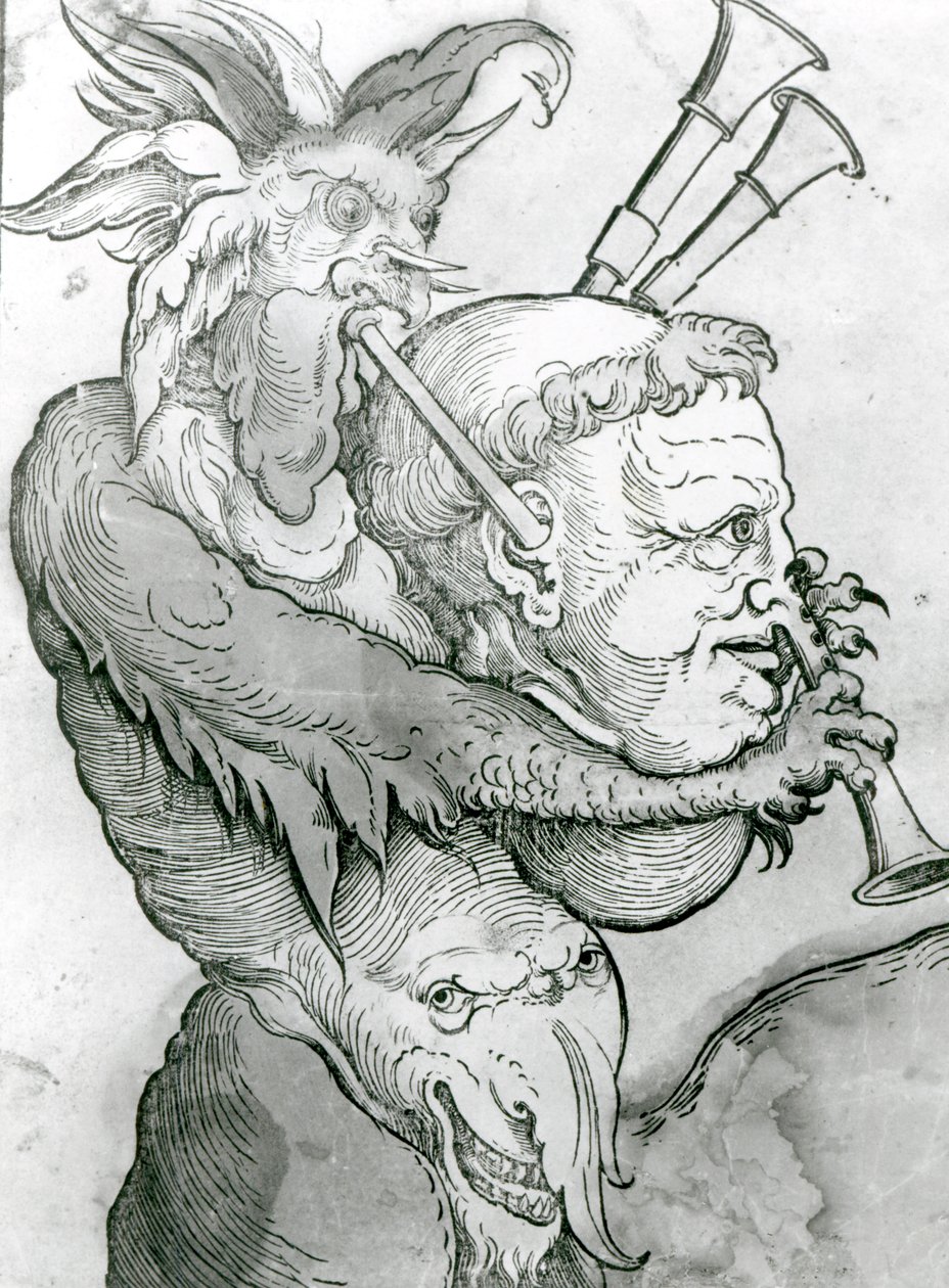 Diablo tocando la cabeza de un hombre como gaita, 1144 (xilografía) de German School