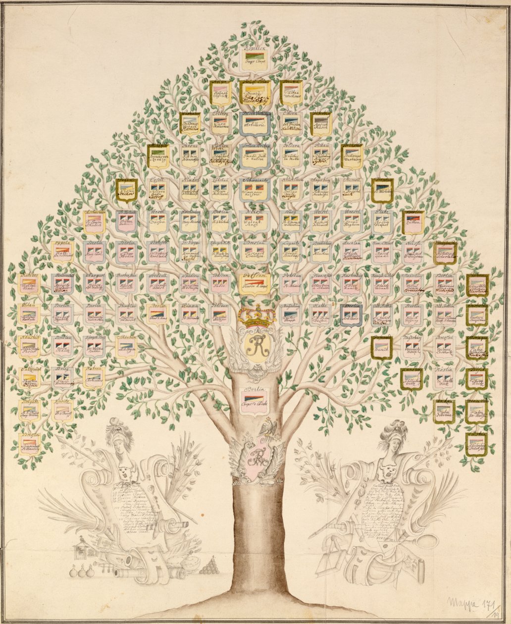 Diagrama de las 97 estaciones de los regimientos que componían el Ejército Real Prusiano, 1756 de German School