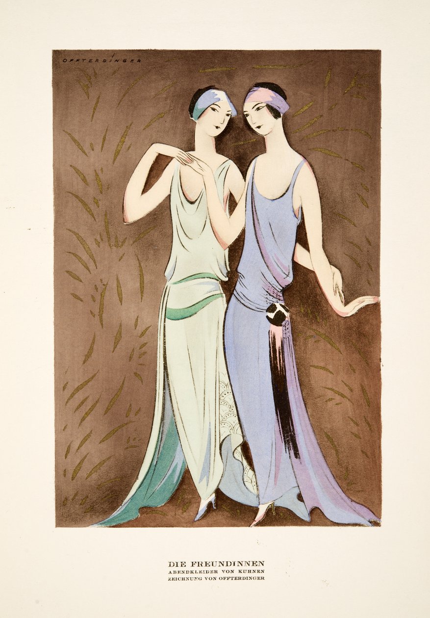 Die Freundinnen, vestidos de Kuhnen, de Styl, pub.1922 (impresión en pochoir) de German School