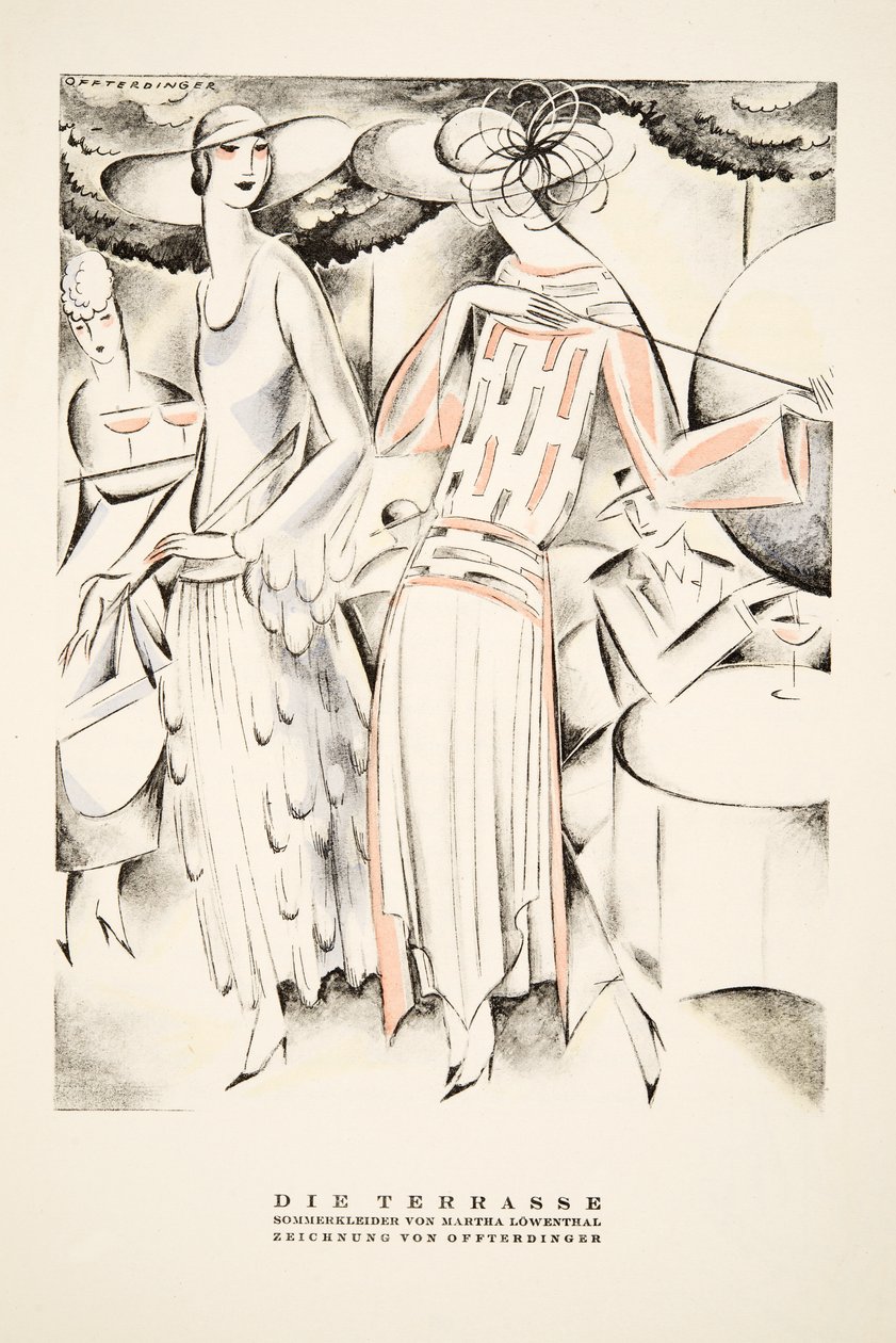 "Die Terrasse" Anuncio de vestidos de verano de Martha Lowenthal, de Styl, pub.1922 (impresión en pochoir) de German School