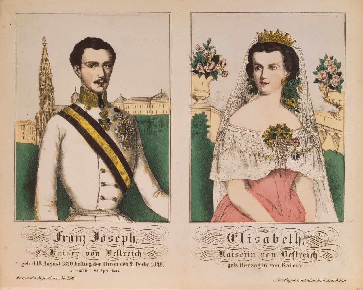 Doble retrato del emperador Francisco José I de Austria y la emperatriz Isabel, de Neuruppiner Bilderbogen, 1854 de German School