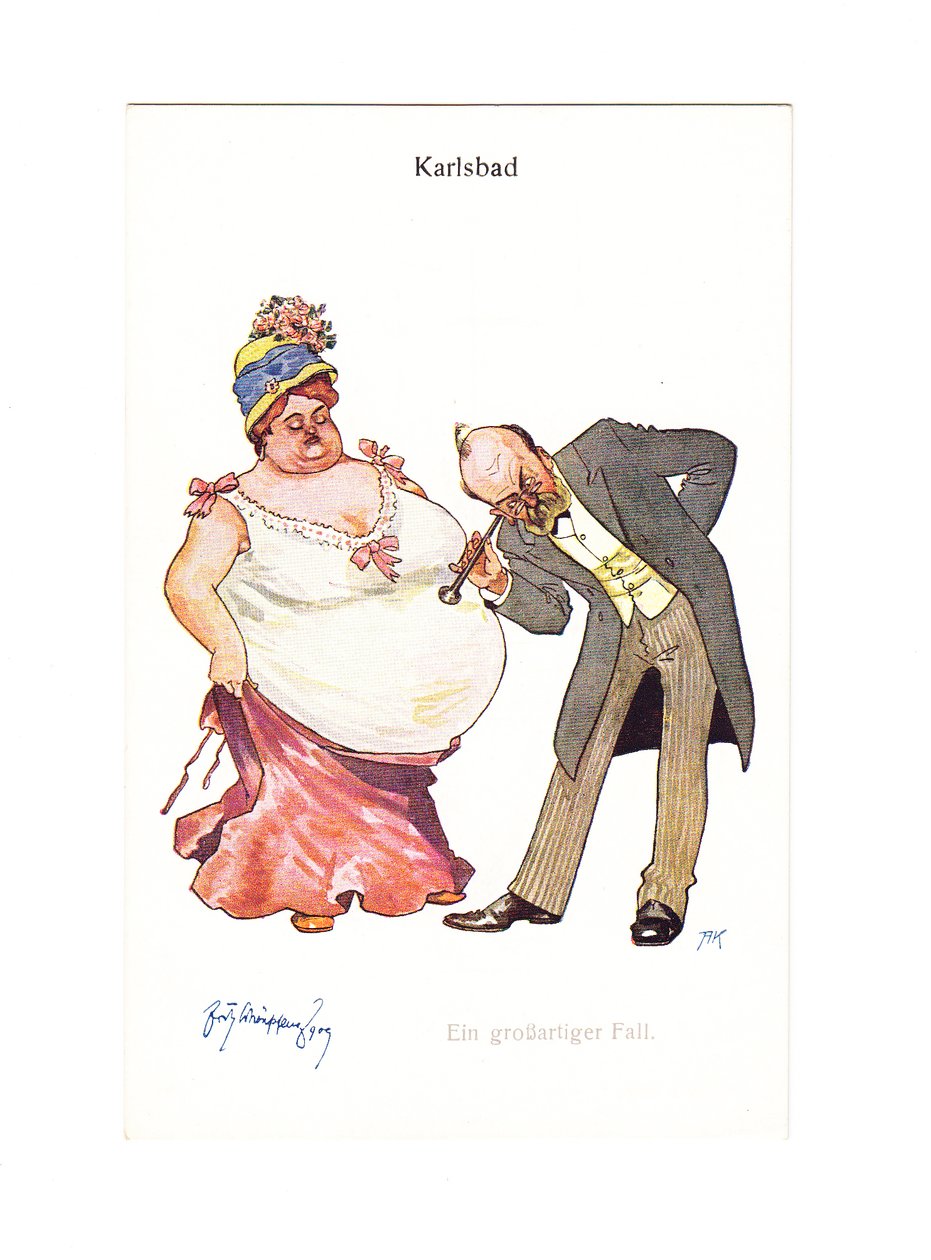 Postal humorística eduardiana de un doctor con su estetoscopio en el vientre de una mujer muy gorda, c.1910 (litografía en color) de German School