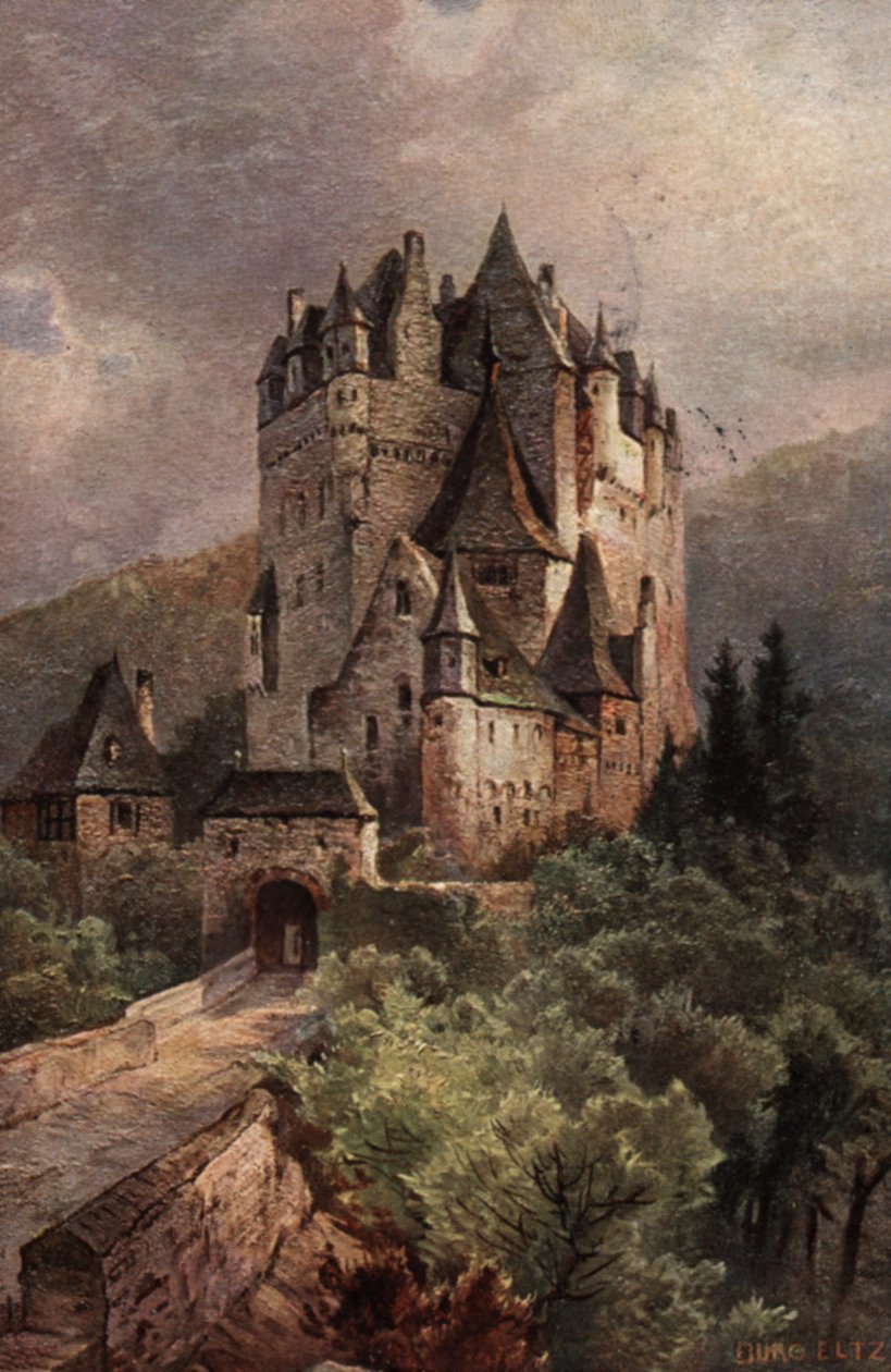 Castillo de Eltz, Valle del Mosela, Alemania (litografía en color) de German School